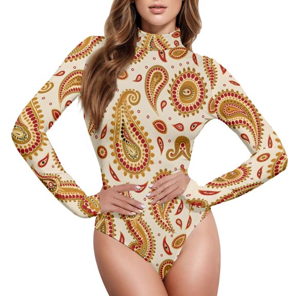joogoo Graffiti Boho Women's Mock Turtle Neck Long Sleeve Bodysuit L
