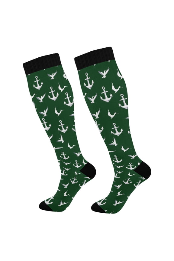 Green Anchors Birds Long Socks Women Men Knee High Sock