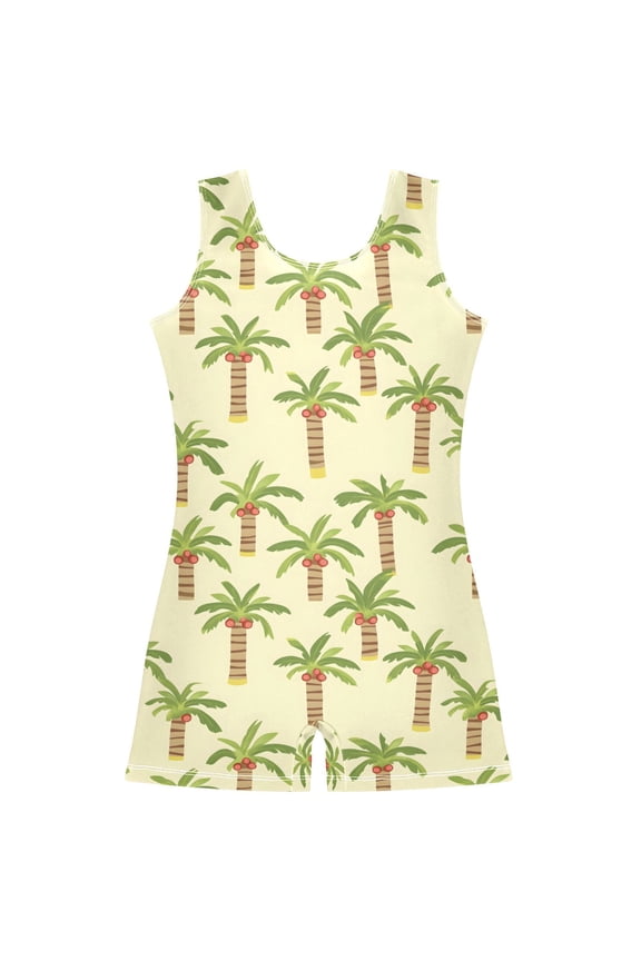 Green Coconut Tree Pattern Girls Leotards Gymnastics Tumbling Outfit Biketard Unitard 7-8Years