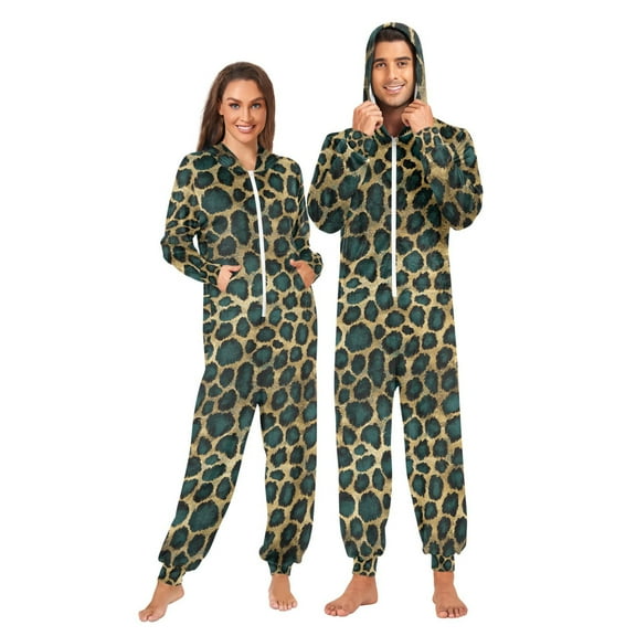 joogoo Green Leopard Pattern Unisex Adults Onesies Pajamas Jumpsuits L