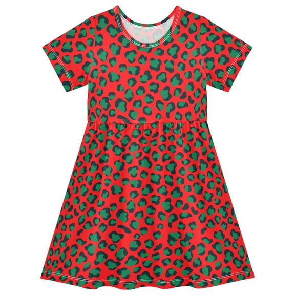 joogoo Green Leopard Print Girls' Short Sleeve Dress Kids Dresses 5-6T