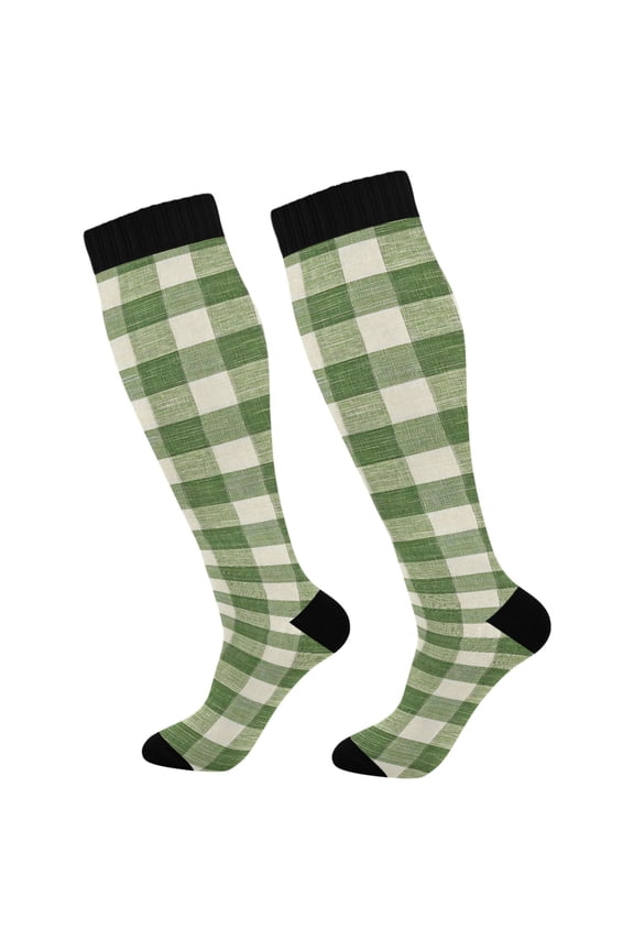 Green Rustic Checkered Socks Women Men Knee High Sock