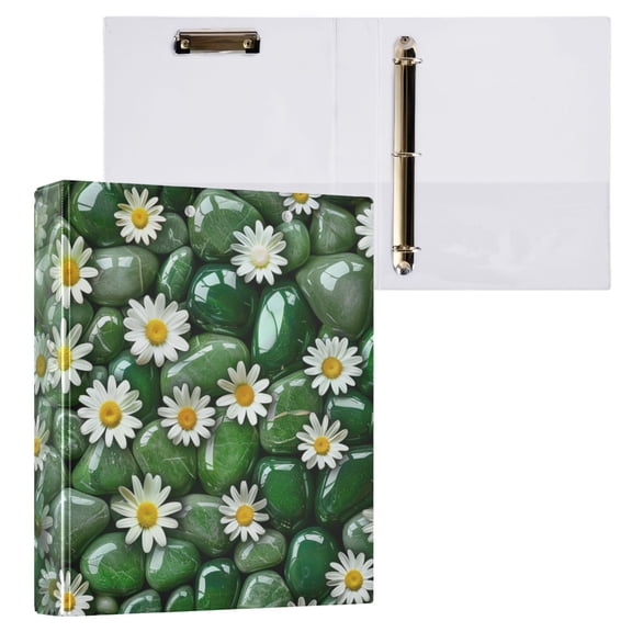 joogoo Green Stones and Daisy Floral Hardcover 3 Ring Binder 1.5" Round Rings Interior Pockets Binders Organizer 1 Pack