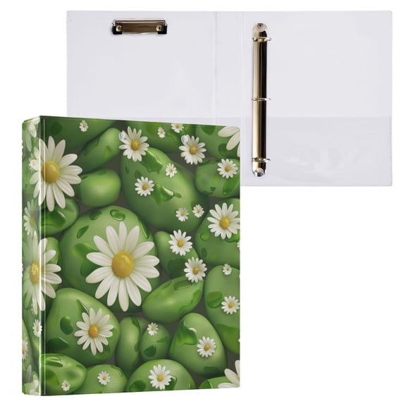 joogoo Green Stones and Daisy Flowers Hardcover 3 Ring Binder 1.5" Round Rings Interior Pockets Binders Organizer 1 Pack