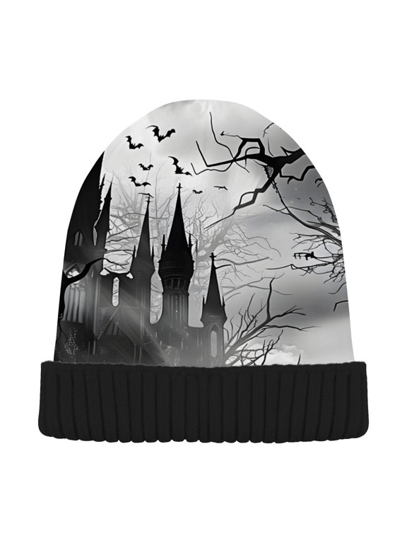 Halloween Castle Silhouette Beanie Hats Cuffed Winter Warm Knit Thick Beanies