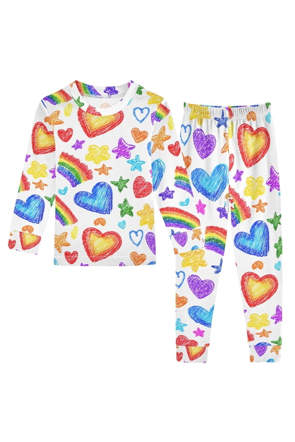 Hand Drawn Heart Rainbow 2 Piece Long Sleeve Tee and Pants Cotton Pajama Set 5Y