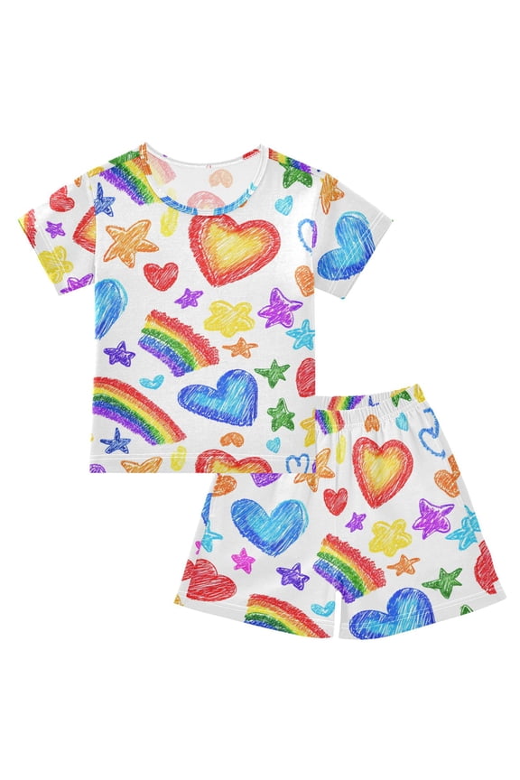 Hand Drawn Heart Rainbow Pajama Sets Short Sleeve Cotton 2-Piece Sleepwear 10Y