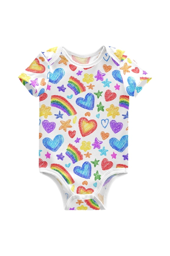 Hand Drawn Heart Rainbow Pattern Baby Bodysuits Short Sleeve Cotton Onesies Clothes 9Months