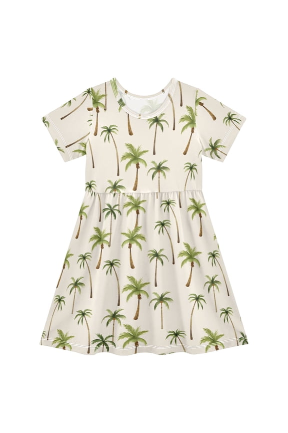 Hand Drawn Palm Trees Girls' Short Sleeve Dress Kids Dresses 5-6T