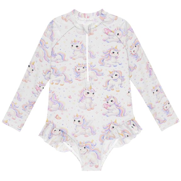 joogoo Happy Unicorns Magical Pattern Girls One-Piece Swimsuits UPF 50+ Long Sleeve Rash Guard Bathing Suit 5-6 Years