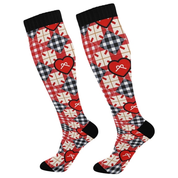 joogoo Heart on Checkered Compression Socks Women Men Knee High Sock