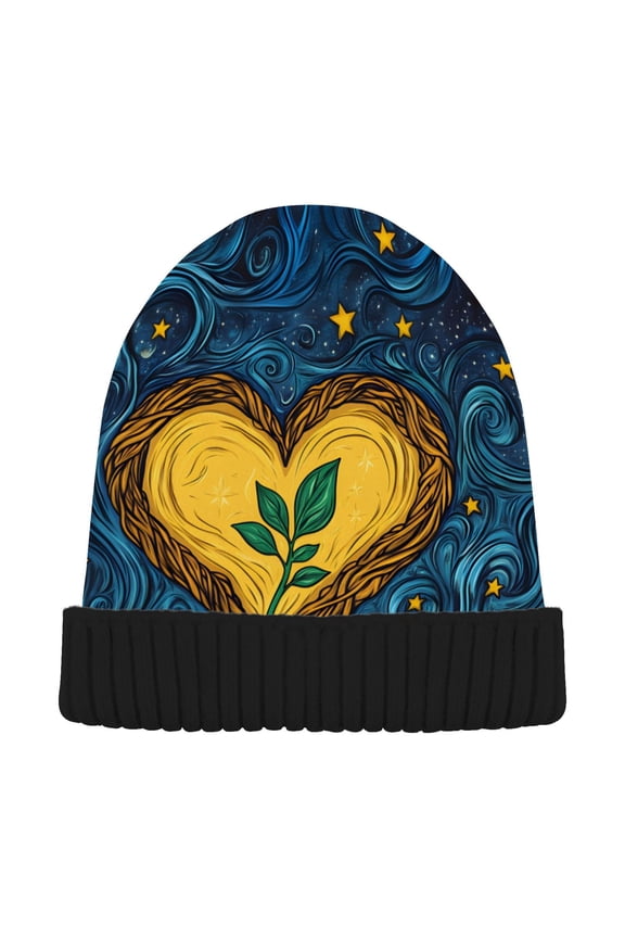 Heart with Boho Pattern Beanie Hats Men Women Cuffed Skull Cap Winter Warm Knit Thick Beanies