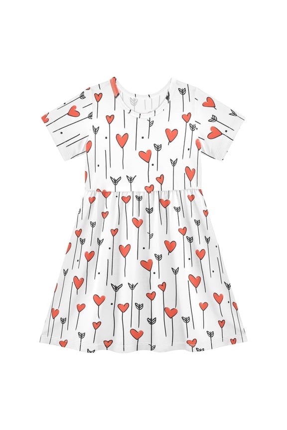 Hearts Pattern Girls' Short Sleeve Dress Kids Dresses 5-6T