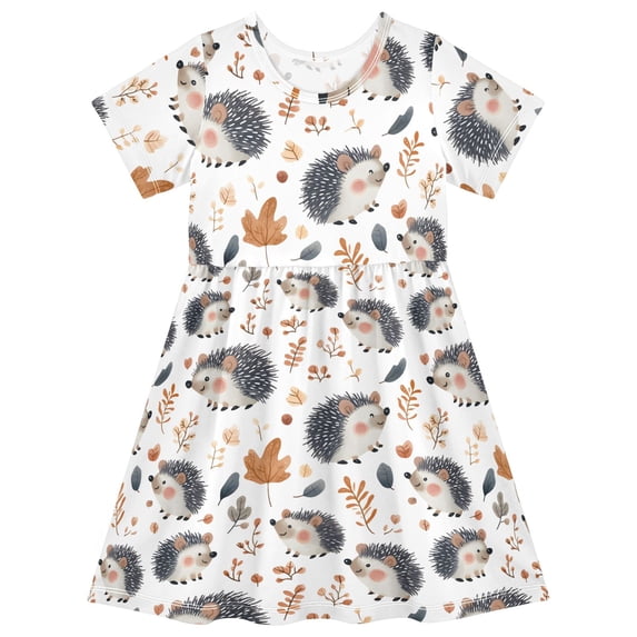 joogoo Hedgehog Autumn Leave Girls' Short Sleeve Dress Kids Dresses 7-8T