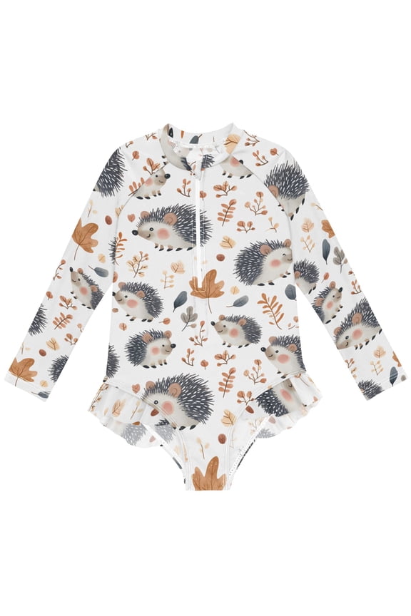 Hedgehog Autumn Leave Pattern Girls One-Piece Swimsuits UPF 50+ Long Sleeve Rash Guard Bathing Suit 3 Years