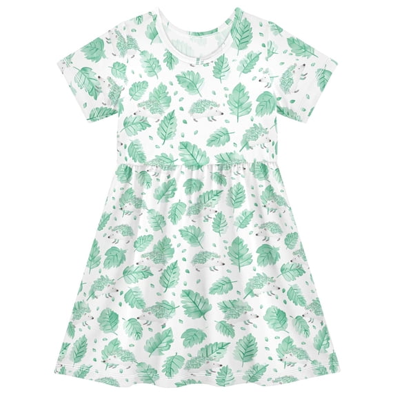 joogoo Hedgehog Leaves Green Girls' Short Sleeve Dress Kids Dresses 3T