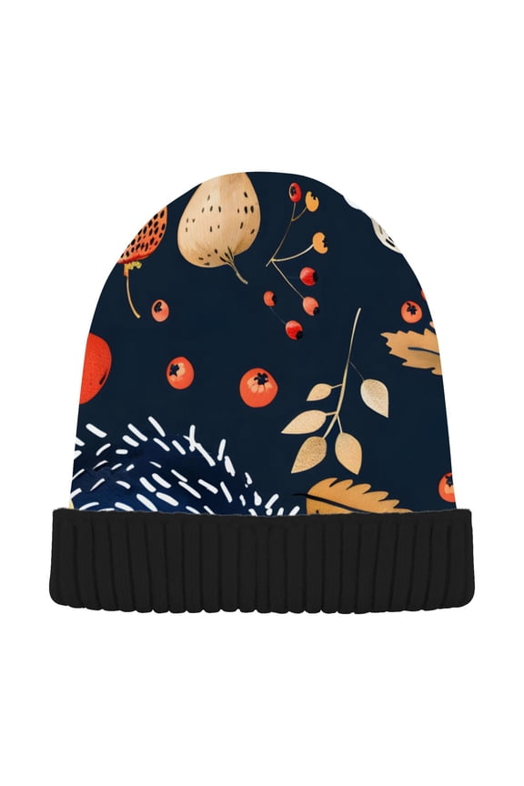 Hedgehog and Fruit Beanie Hats Men Women Cuffed Skull Cap Winter Warm Knit Thick Beanies