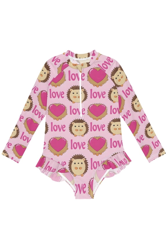 Hedgehog and Love Pattern Girls One-Piece Swimsuits UPF 50+ Long Sleeve Rash Guard Bathing Suit 3 Years