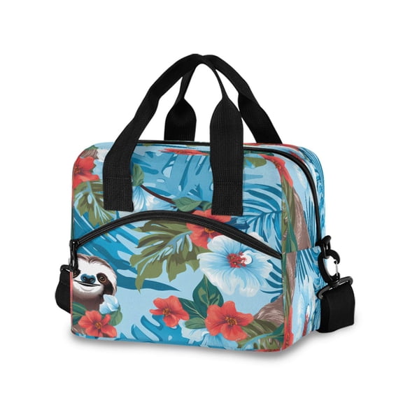 joogoo Hibiscus and Sloth Insulated Lunch Bags Reusable Cooler Box with Shoulder Strap