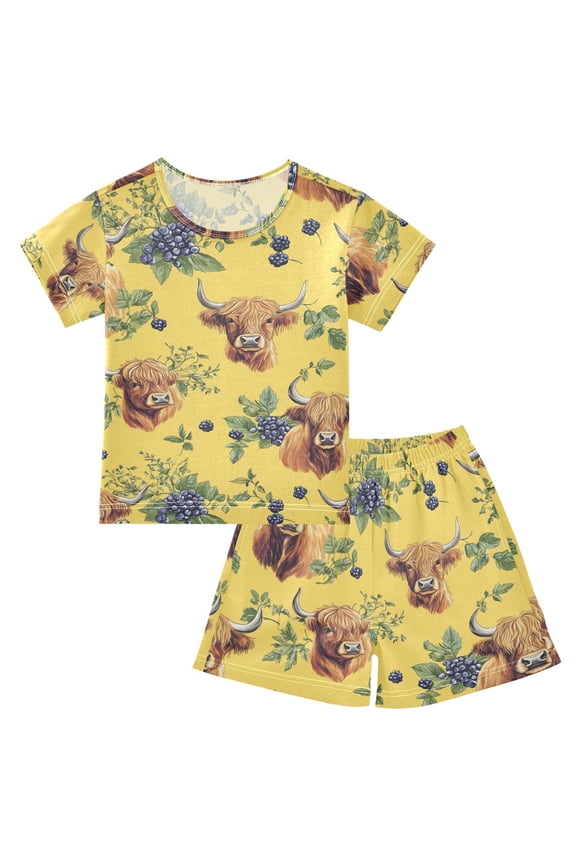 Highland Cattle Blueberry Pajama Sets Short Sleeve Cotton 2-Piece Sleepwear 10Y