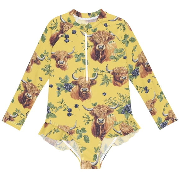 joogoo Highland Cattle Blueberry Pattern Girls One-Piece Swimsuits UPF 50+ Long Sleeve Rash Guard Bathing Suit 4 Years