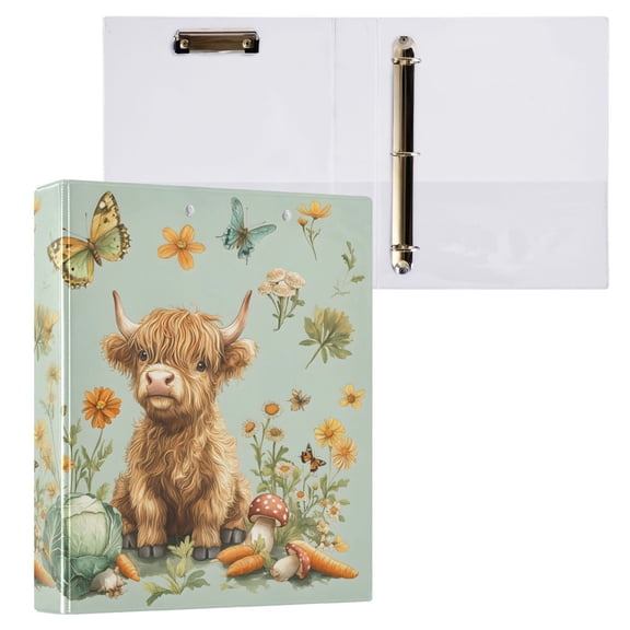 joogoo Highland Cattle Butterfly Hardcover 3 Ring Binder 1.5" Round Rings Interior Pockets Binders Organizer 1 Pack