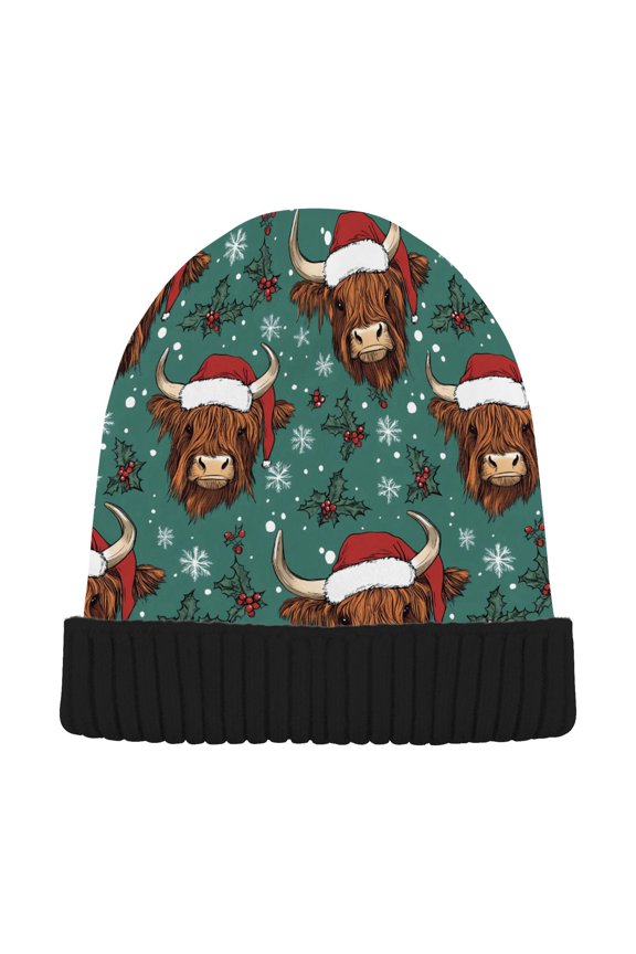 Highland Cattle Christmas Beanie Hats Cuffed Winter Warm Knit Thick Beanies