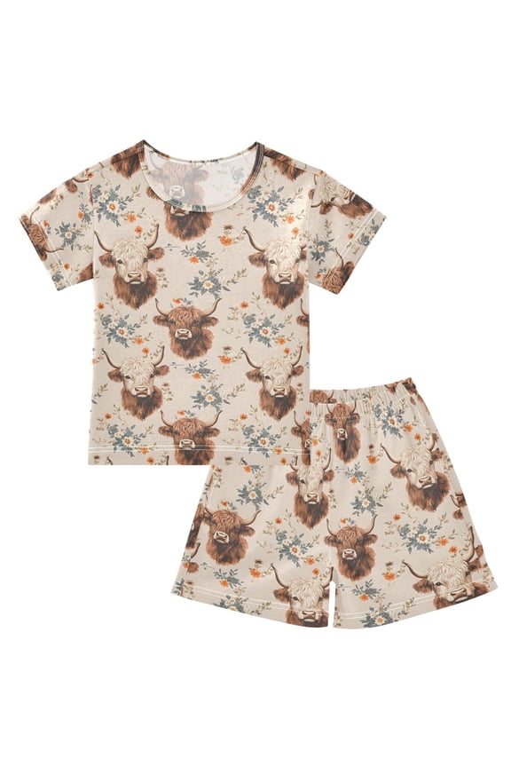 Highland Cattle Floral Pajama Sets Short Sleeve Cotton 2-Piece Sleepwear 10Y