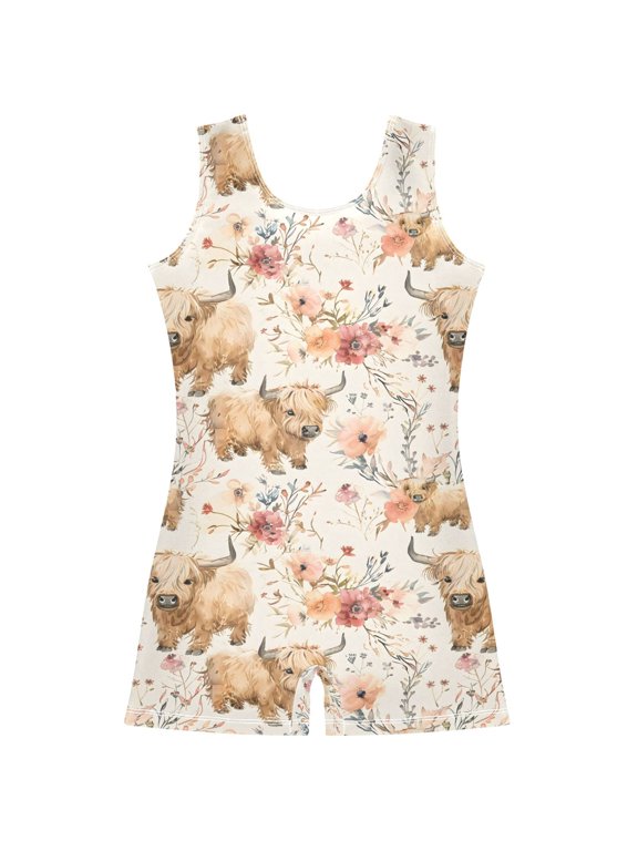 Highland Cattle Floral Pattern Girls Leotards Gymnastics Tumbling Outfit Biketard Unitard 2-3Years