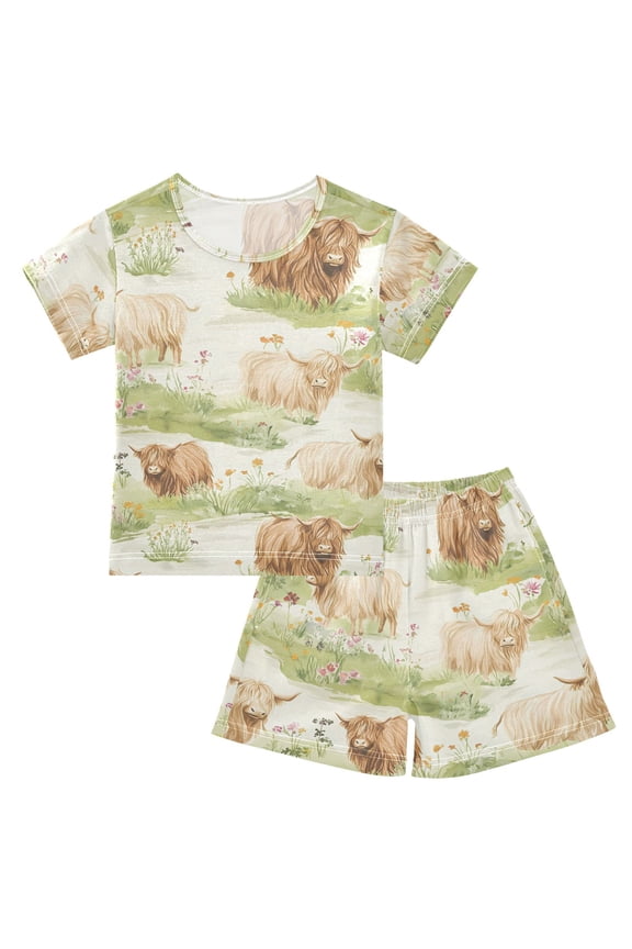 Highland Cattle Flower-w3 Pajama Sets Short Sleeve Cotton 2-Piece Sleepwear 10Y
