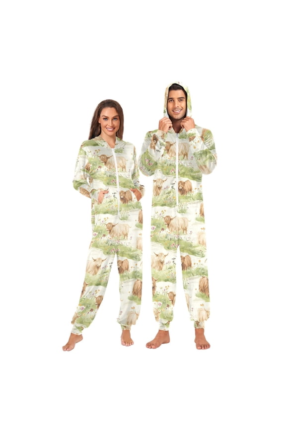 Highland Cattle Flower-w3 Unisex Adults Onesies Pajamas Jumpsuits M