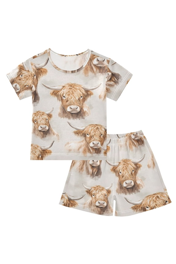 Highland Cattle Flower-w5 Pajama Sets Short Sleeve Cotton 2-Piece Sleepwear 10Y