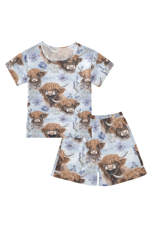 Highland Cattle Flower-w6 Pajama Sets Short Sleeve Cotton 2-Piece Sleepwear 6Y