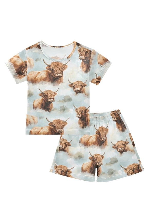 Highland Cattle Flower-w7 Pajama Sets Short Sleeve Cotton 2-Piece Sleepwear 10Y