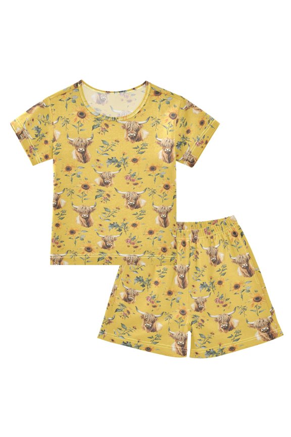 Highland Cattle Sunflower Pajama Sets Short Sleeve Cotton 2-Piece Sleepwear 14Y