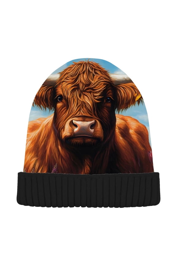 Highland Cattle Tulip Flower Beanie Hats Cuffed Winter Warm Knit Thick Beanies