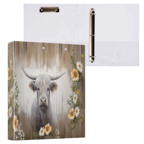joogoo Highland Cattle on Wood Hardcover 3 Ring Binder 1.5" Round Rings Interior Pockets Binders Organizer 1 Pack