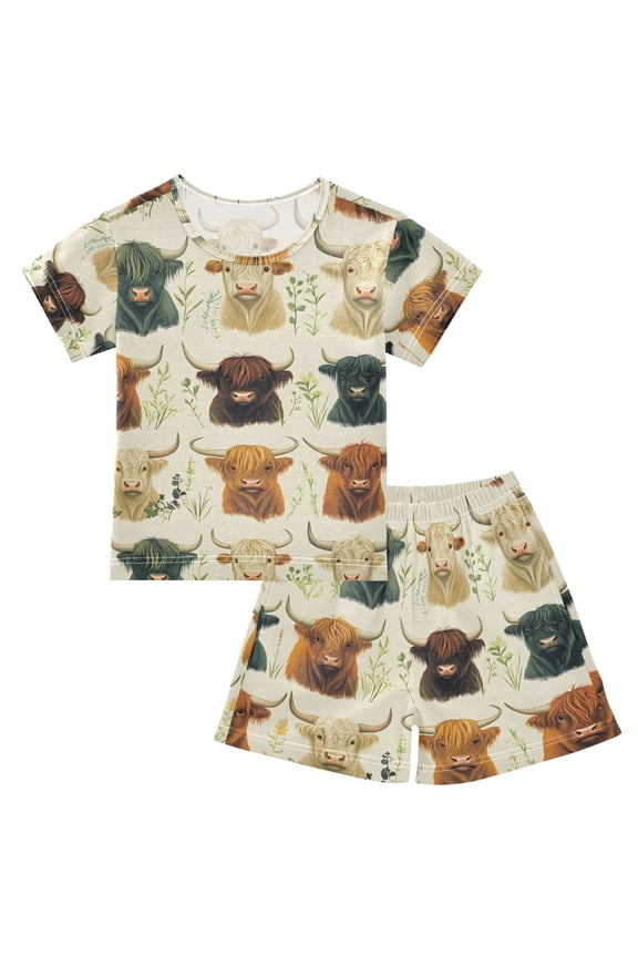 Highland Cattles Pajama Sets Short Sleeve Cotton 2-Piece Sleepwear 14Y