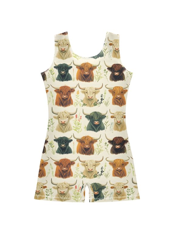 Highland Cattles Pattern Girls Leotards Gymnastics Tumbling Outfit Biketard Unitard 7-8Years