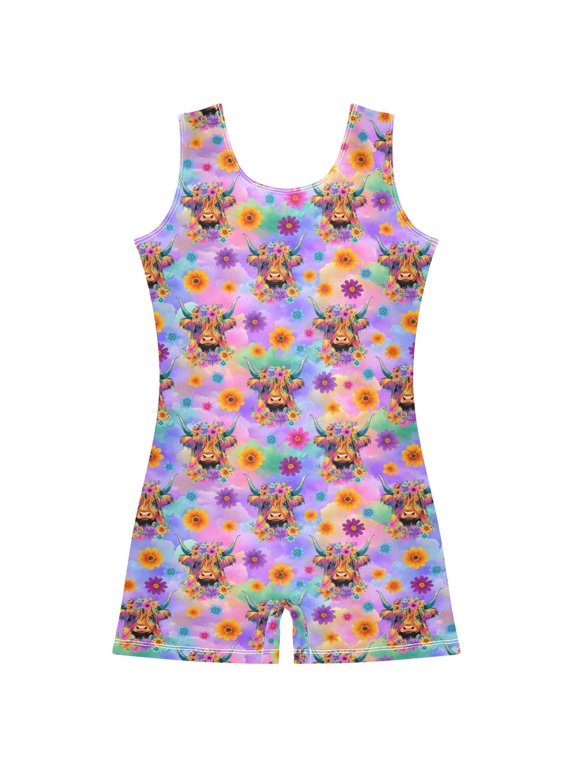 Highland Cow Floral Gradient Pattern Girls Leotards Gymnastics Tumbling Outfit Biketard Unitard 2-3Years
