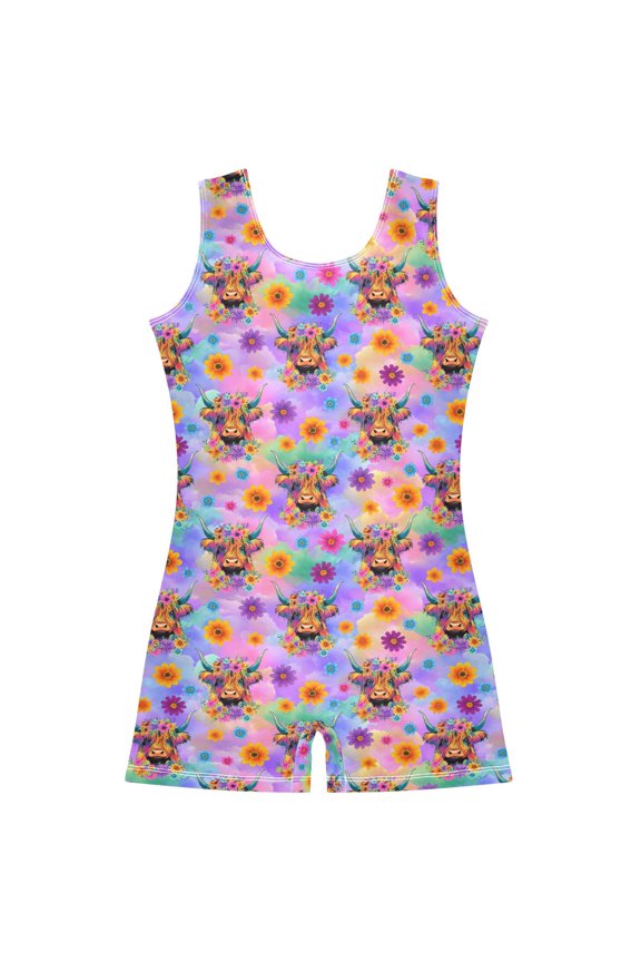 Highland Cow Floral Gradient Pattern Girls Leotards Gymnastics Tumbling Outfit Biketard Unitard 5-6Years