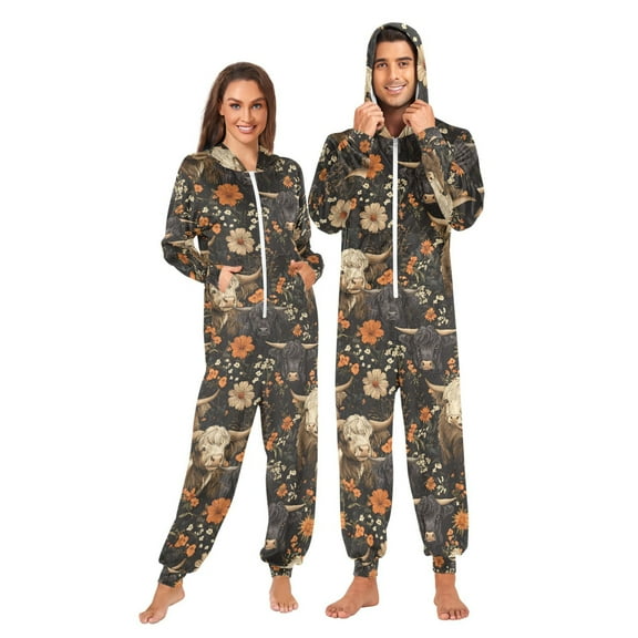 joogoo Highland Cows Flower Unisex Adults Onesies Pajamas Jumpsuits L