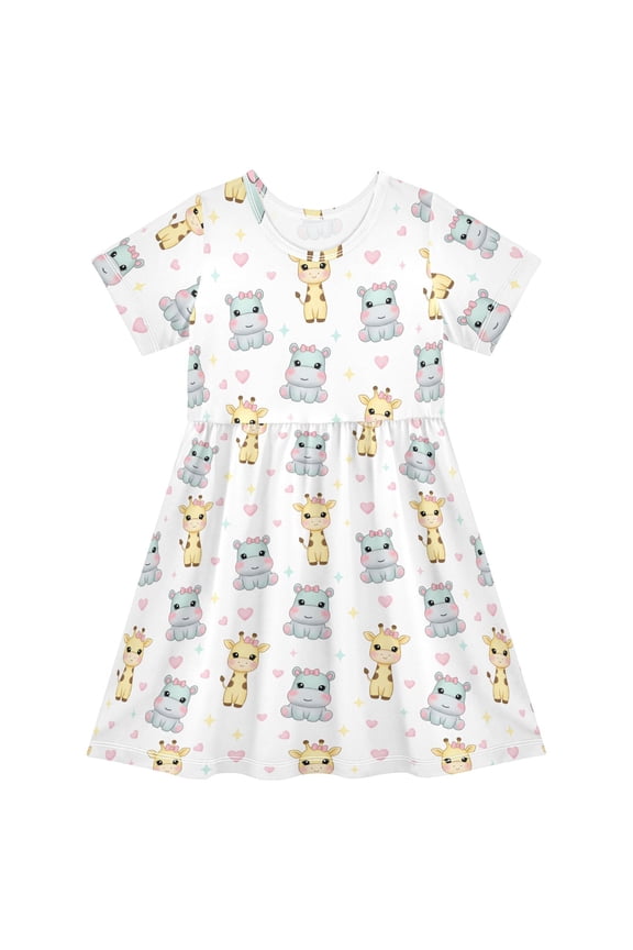 Hippo Giraffe Girls' Short Sleeve Dress Kids Dresses 2T