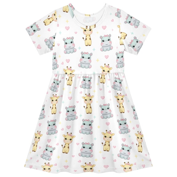 joogoo Hippo Giraffe Girls' Short Sleeve Dress Kids Dresses 5-6T
