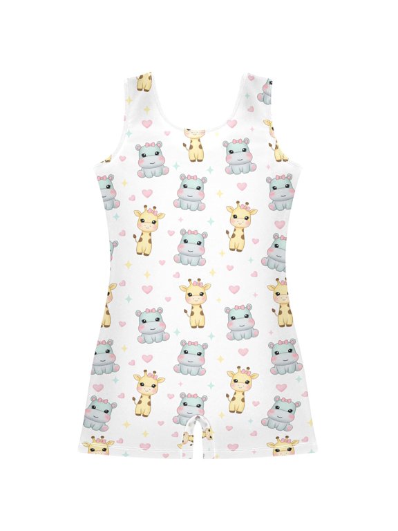 Hippo Giraffe Pattern Girls Leotards Gymnastics Tumbling Outfit Biketard Unitard 9-10Years