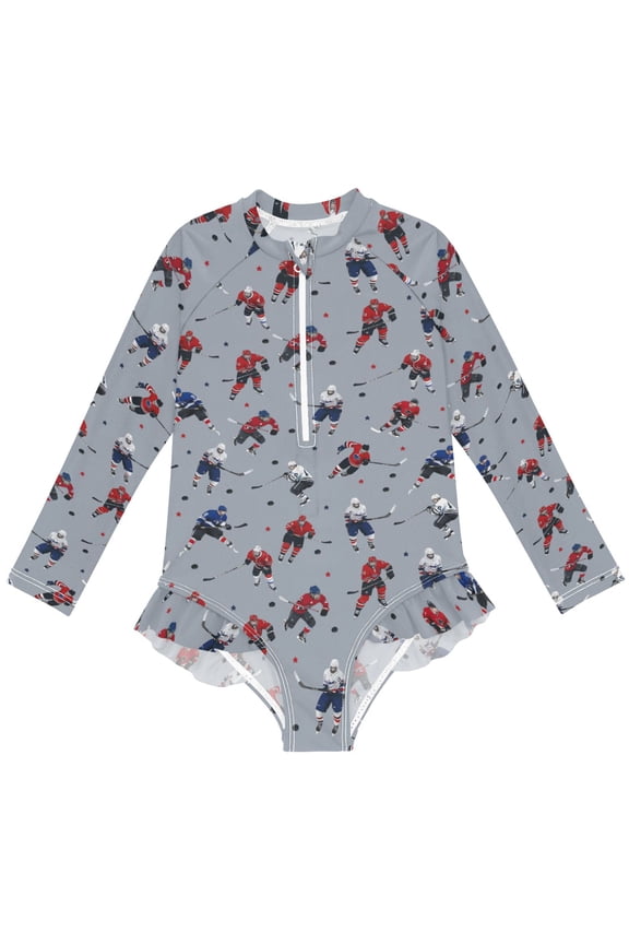 Hockey Players Winter Pattern Girls One-Piece Swimsuits UPF 50+ Long Sleeve Rash Guard Bathing Suit 4 Years