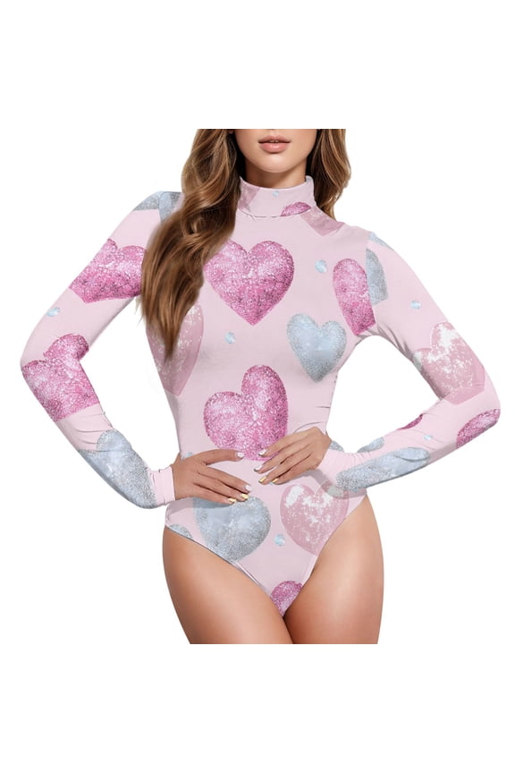 Holographic Glitter Hearts-a3 Women's Mock Turtle Neck Long Sleeve Bodysuit M