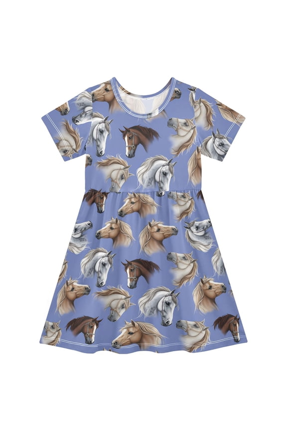 Horse Heads Girls' Short Sleeve Dress Kids Dresses 5-6T