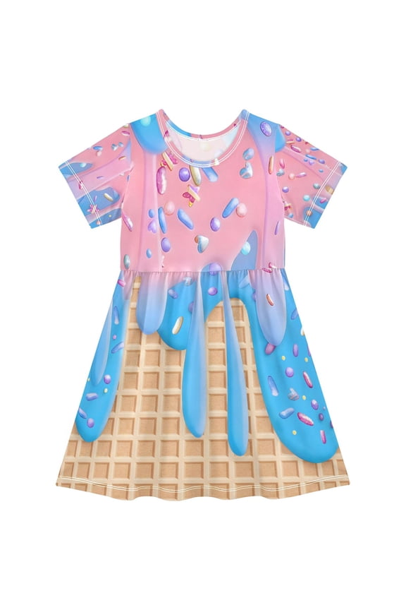 Ice Cream Blue Girls' Short Sleeve Dress Kids Dresses 5-6T