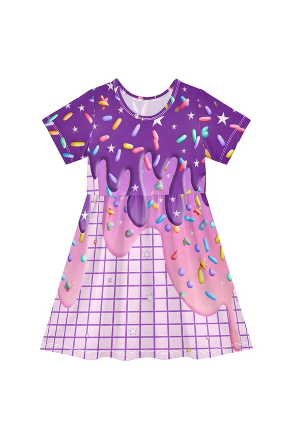 Ice Cream Purple Pink Girls' Short Sleeve Dress Kids Dresses 5-6T